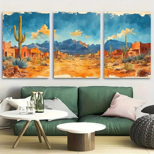 3pcs Wild West Boom Town Rustic Minimalist Metal Print Ready to Hang Art