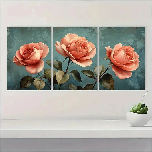 3pcs e Rose Botanical Floral Horizontal Art Metal Print Ready to Hang Art