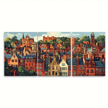 3pcs Vibrant English Cityscape with Historic Build Metal Print Ready to Hang Art