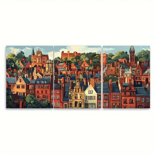 3pcs Vibrant English Cityscape with Historic Build Metal Print Ready to Hang Art