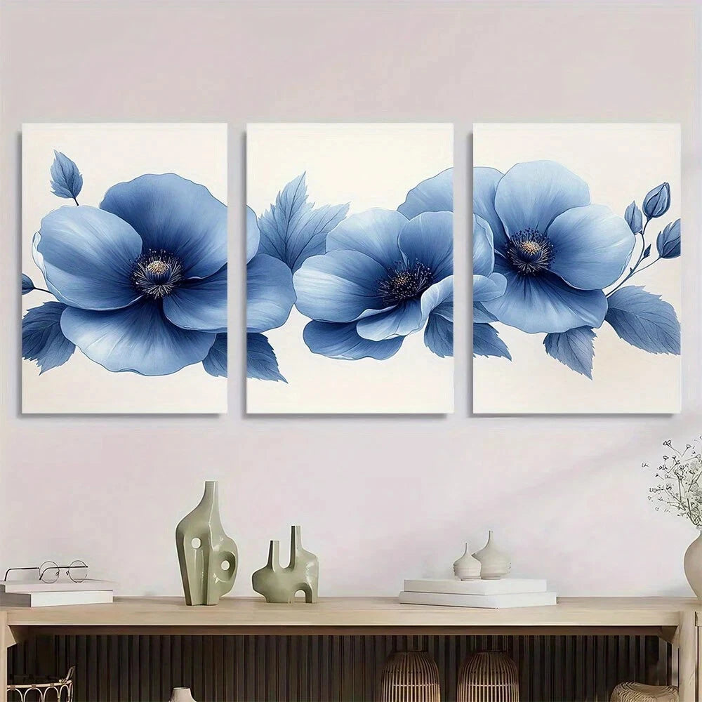 3pcs Blue Flower Plant Bouquet Floral Metal Print Ready to Hang Art