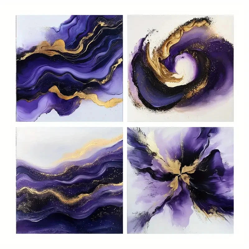 4pcs Purple & Golden Abstract Canvas Wall Art Canvas Framed