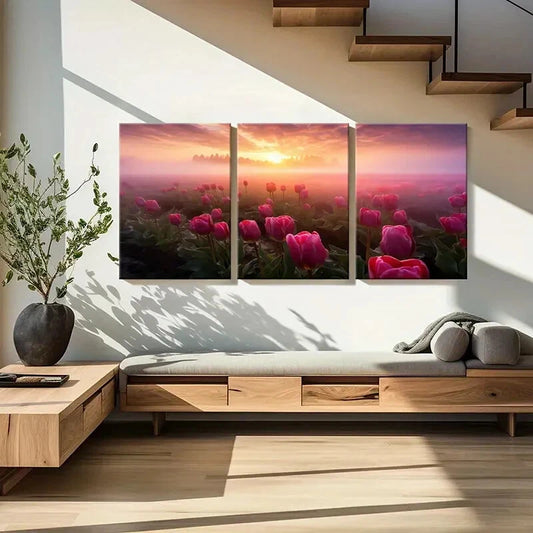 3pcs Sunset Tulips Field Vibrant Colors Nature Metal Print Ready to Hang Art