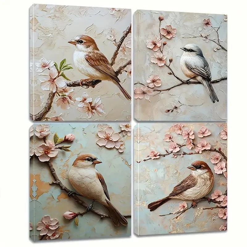 4pcs A bird On A Cherry Blossom Branch  Wall Art Canvas Framed