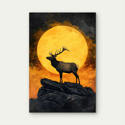 Majestic Elk Wildlife Silhouette Art Golden 40x60cm Metal Print Ready to Hang