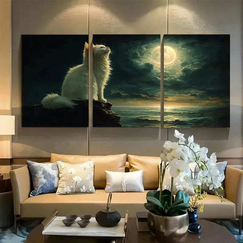 3pcs Cat on the Clouds Moon Gazing Design Metal Print Ready to Hang Art