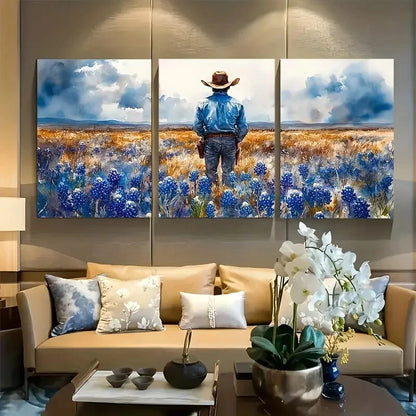 3pcs Cowboy In The Bluebonnet Field Floral Metal Print Ready to Hang Art