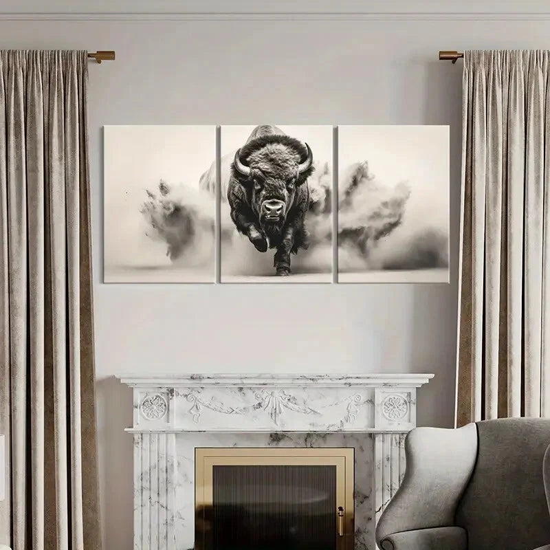 3pcs Powerful Bison Wildlife Art Monochrome Art Metal Print Ready to Hang Art