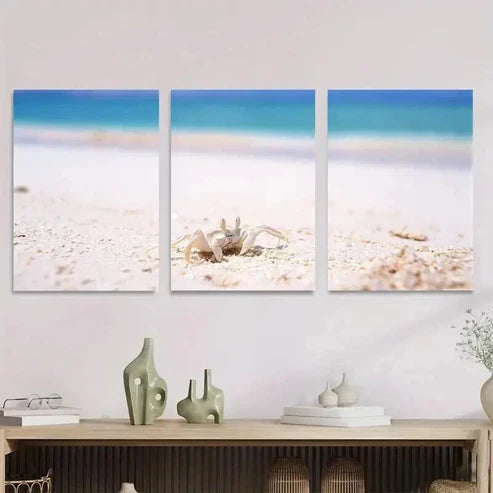 3pcs Beach Scene Ocean Crab & Seashells Wall Art Set Canvas Unframed - High Quality Print 100% Australian Made Wall Canvas