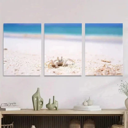 3pcs Beach Scene Ocean Crab & Seashells Wall Art Set Canvas Unframed - High Quality Print 100% Australian Made Wall Canvas