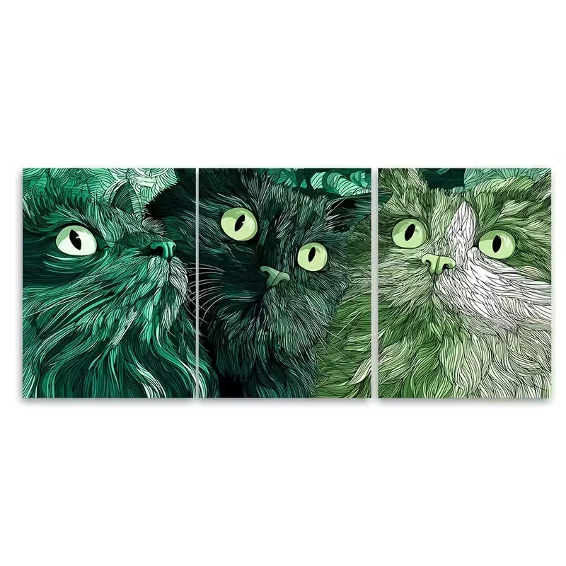 3pcs Emerald Green & Black Kitten Metal Print Ready to Hang Art