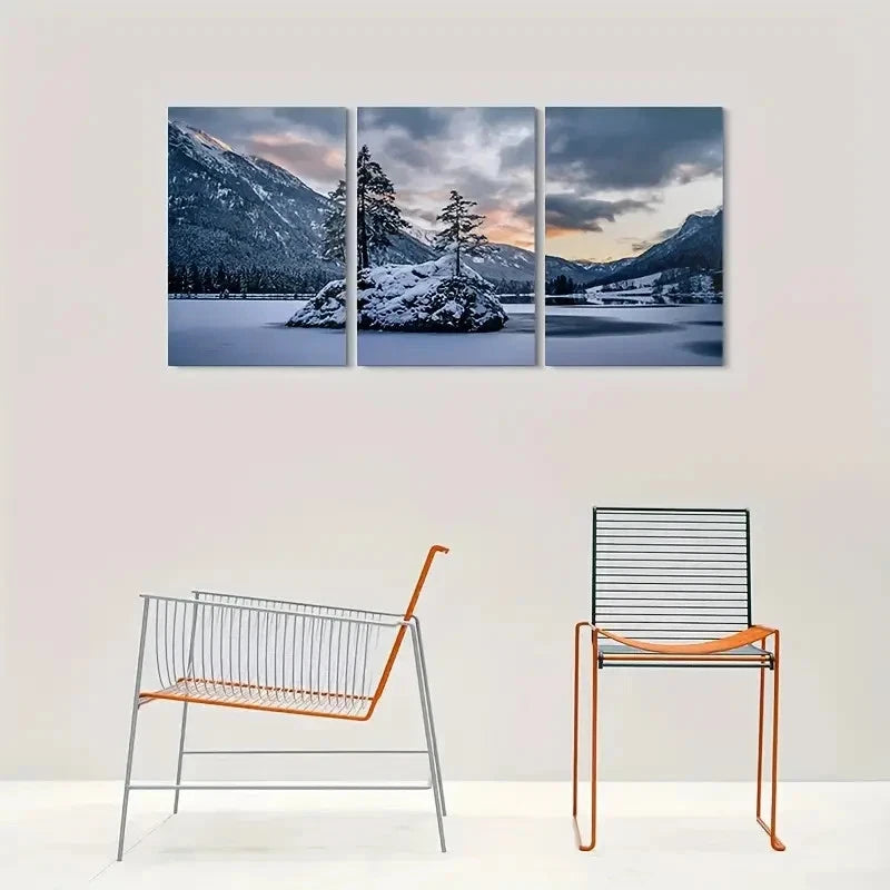 3pcs Snowy Mountain Lake Sunset Metal Print Ready to Hang Art