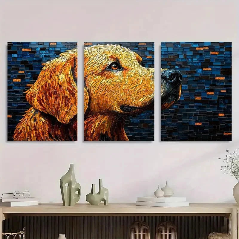 3pcs Golden Retriever Mosaic Vibrant Blue & Orange Metal Print Ready to Hang Art