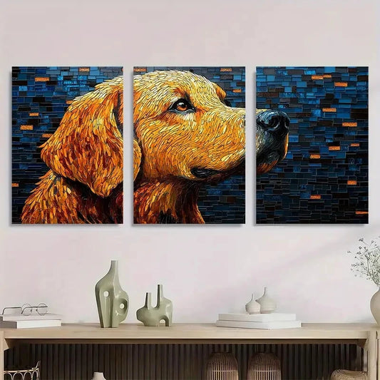 3pcs Golden Retriever Mosaic Vibrant Blue & Orange Metal Print Ready to Hang Art