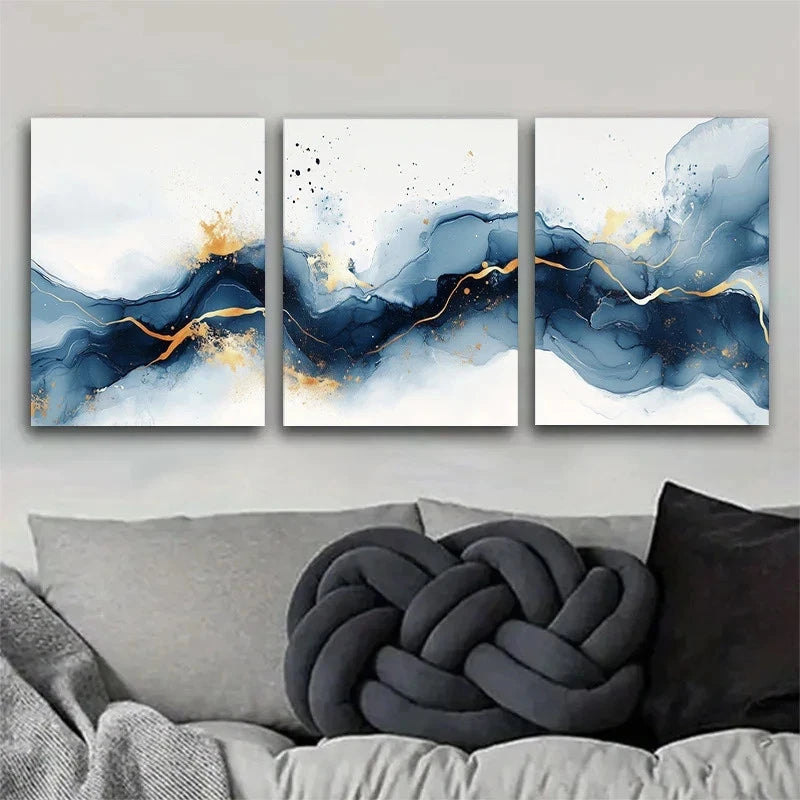 3pcs Blue Golden and White Marble Design Metal Print Ready to Hang Art