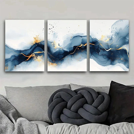 3pcs Blue Golden and White Marble Design Metal Print Ready to Hang Art