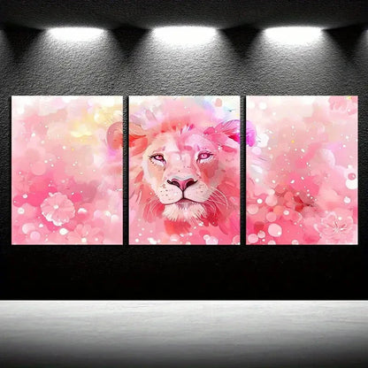 3pcs Vibrant Charming Pink Lion Illustration Metal Print Ready to Hang Art