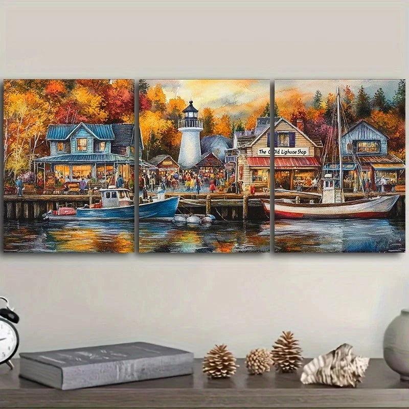 3pcs A Colorful Fishing Village Metal Print Ready to Hang Art