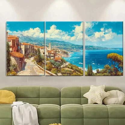 3pcs Vibrant Italian Coastal Scene with Blue SkyM etal Print Ready to Hang Art