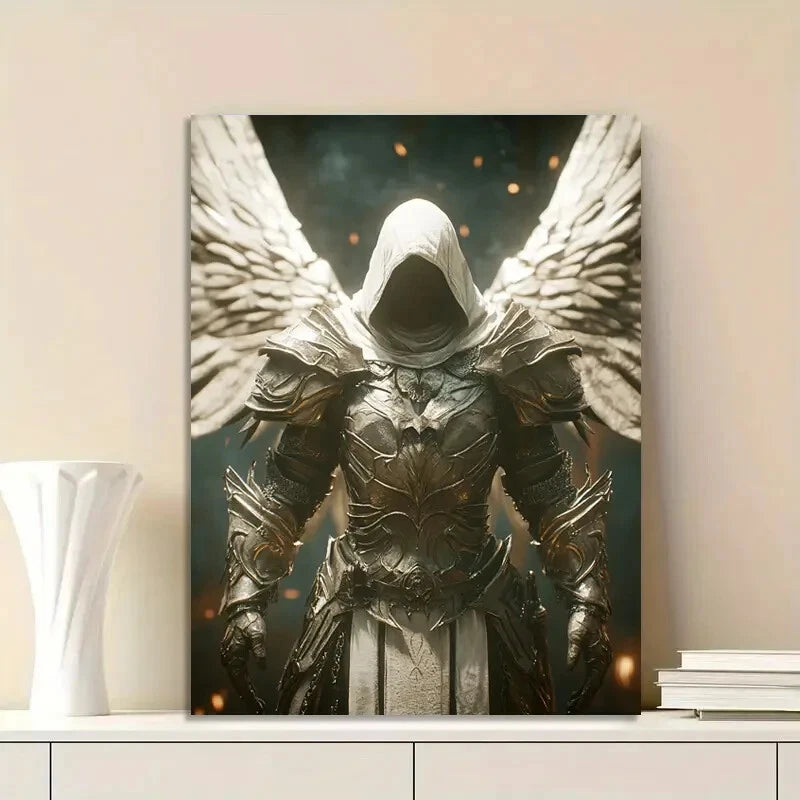 Cinematic Shot Of A White-Hooded Angel Warrior Wearing 40x60cm Metal Print Ready to Hang