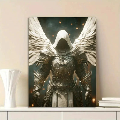 Cinematic Shot Of A White-Hooded Angel Warrior Wearing 40x60cm Metal Print Ready to Hang