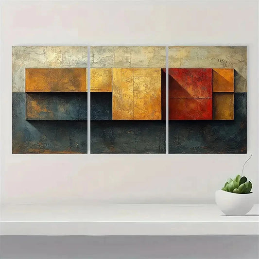 3pcs Brown Geometric Abstract Texture Painting Metal Print Ready to Hang Art