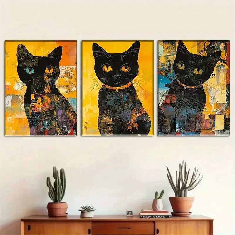 3pcs Artistic Abstract Black Cat Portrait Metal Print Ready to Hang Art