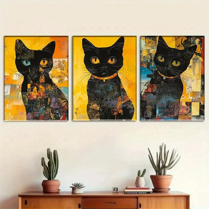 3pcs Artistic Abstract Black Cat Portrait Metal Print Ready to Hang Art