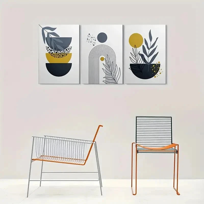 3pcs Minimalist Geometric Pattern Yellow & Black Metal Print Ready to Hang Art
