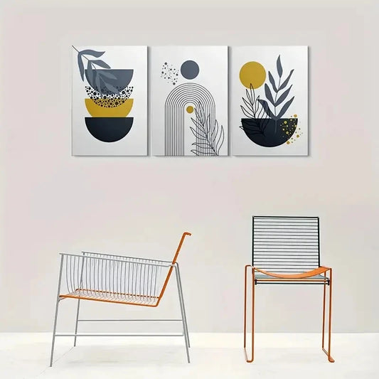 3pcs Minimalist Geometric Pattern Yellow & Black Metal Print Ready to Hang Art