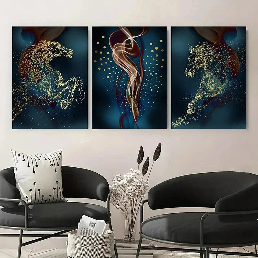 3pcs Golden Horse Abstract Luxury Modern Smoke Metal Print Ready to Hang Art