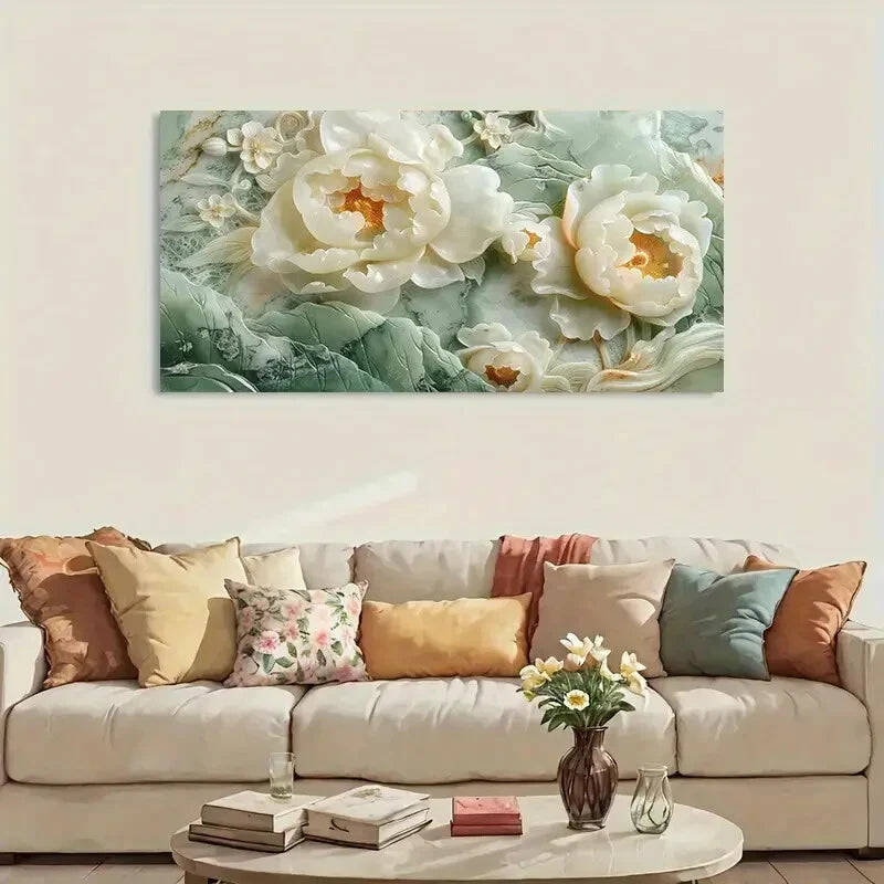 White Peony Green Leaves wall canvas office home room framed 120x60cm - Bella Home Decor