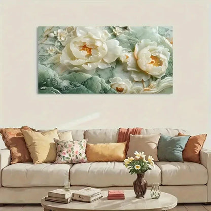 White Peony Green Leaves wall canvas office home room framed 120x60cm - Bella Home Decor