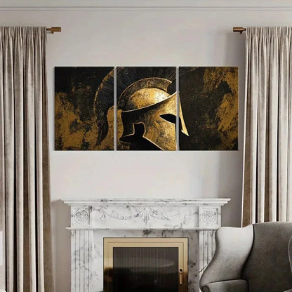 3pcs Ancient Greek Helmet Art Golden Warrior Metal Print Ready to Hang Art