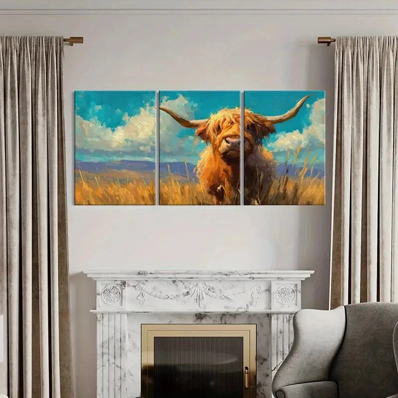 3pcs Highland Cow Art Landscape Painting Metal Print Ready to Hang Art