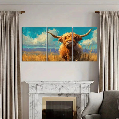 3pcs Highland Cow Art Landscape Painting Metal Print Ready to Hang Art