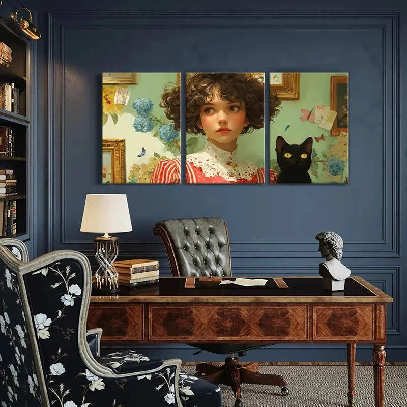 3pcs Vintage Floral Girl Portrait with Black Cat Metal Print Ready to Hang Art