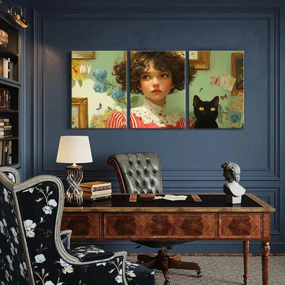 3pcs Vintage Floral Girl Portrait with Black Cat Metal Print Ready to Hang Art