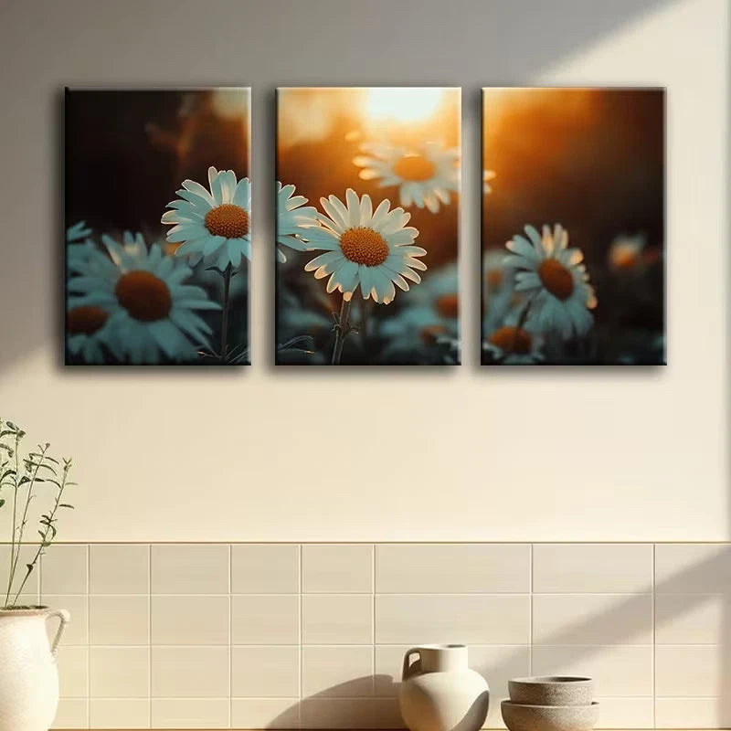 3pcs Daisy Delight Sunset Illustration Wall Art Set Canvas Framed 60x90cm - High Quality Print 100% Australian Made Wall Canvas Ready to Hang