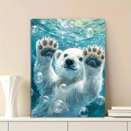 Adorable Polar Bear Swimming in Water Painting 40x60cm Metal Print Ready to Hang