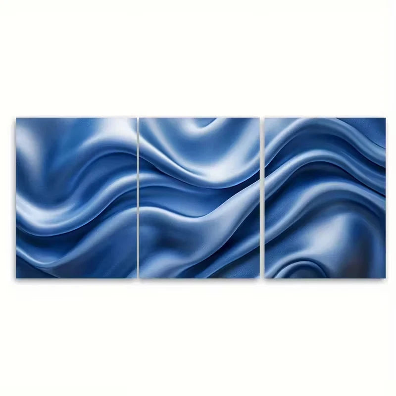 3pcs Elegant Blue Satin Abstract Metal Print Ready to Hang Art