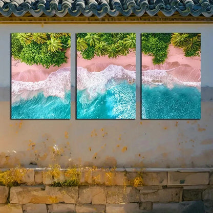 3pcs Vibrant Pink Tropical Beach Illustration Metal Print Ready to Hang Art