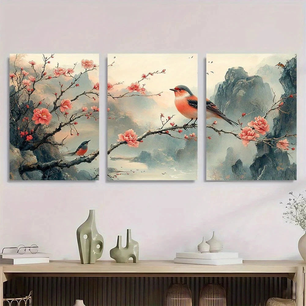 3pcs Chinese Style Peony & Bird Metal Print Ready to Hang Art