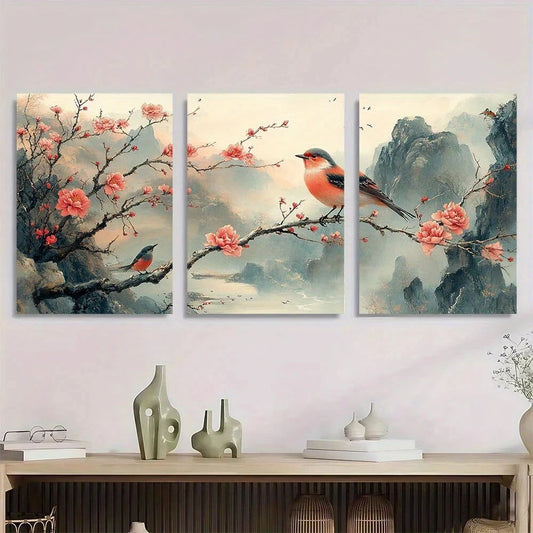 3pcs Chinese Style Peony & Bird Metal Print Ready to Hang Art