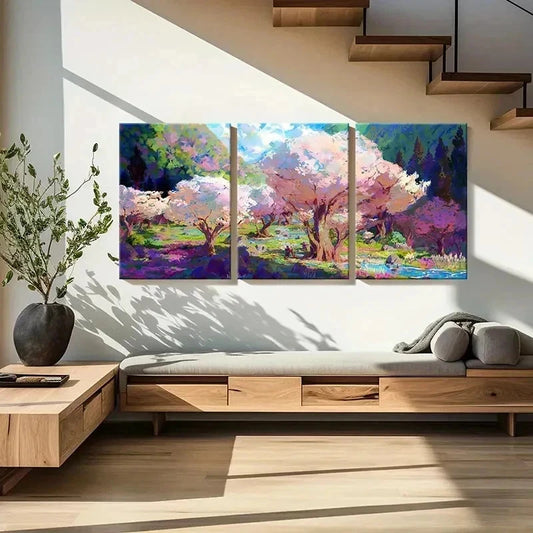 3pcs Watercolor Sakura Tree Anime Style Wall Art Set Canvas Framed 40x60cm - High Quality Print 100% Australian Made Wall Canvas Ready to Hang