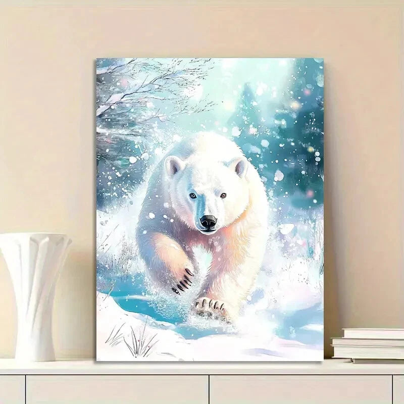 Dynamic White Polar Bear In Snowy Landscape Painting 40x60cm Metal Print Ready to Hang