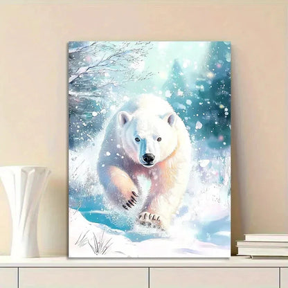 Dynamic White Polar Bear In Snowy Landscape Painting 40x60cm Metal Print Ready to Hang