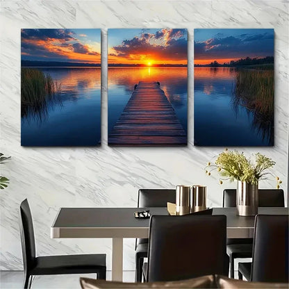 3pcs Serene Lakeside Jetty At Sunset Perfect Wall Art Set Canvas Framed 40x60cm - High Quality Print 100% Australian Made Wall Canvas Ready to Hang