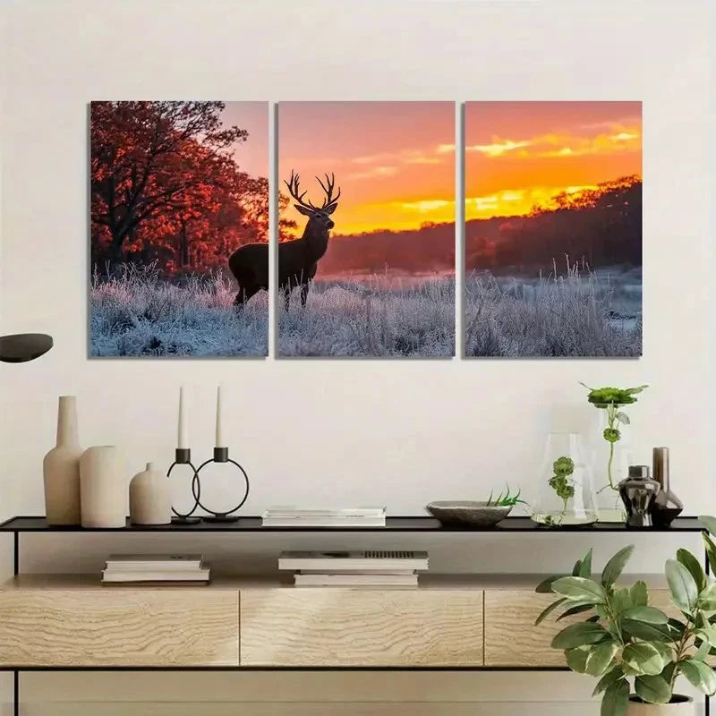 3pcs Deer with Antlers in Forest Light Painting Metal Print Ready to Hang Art