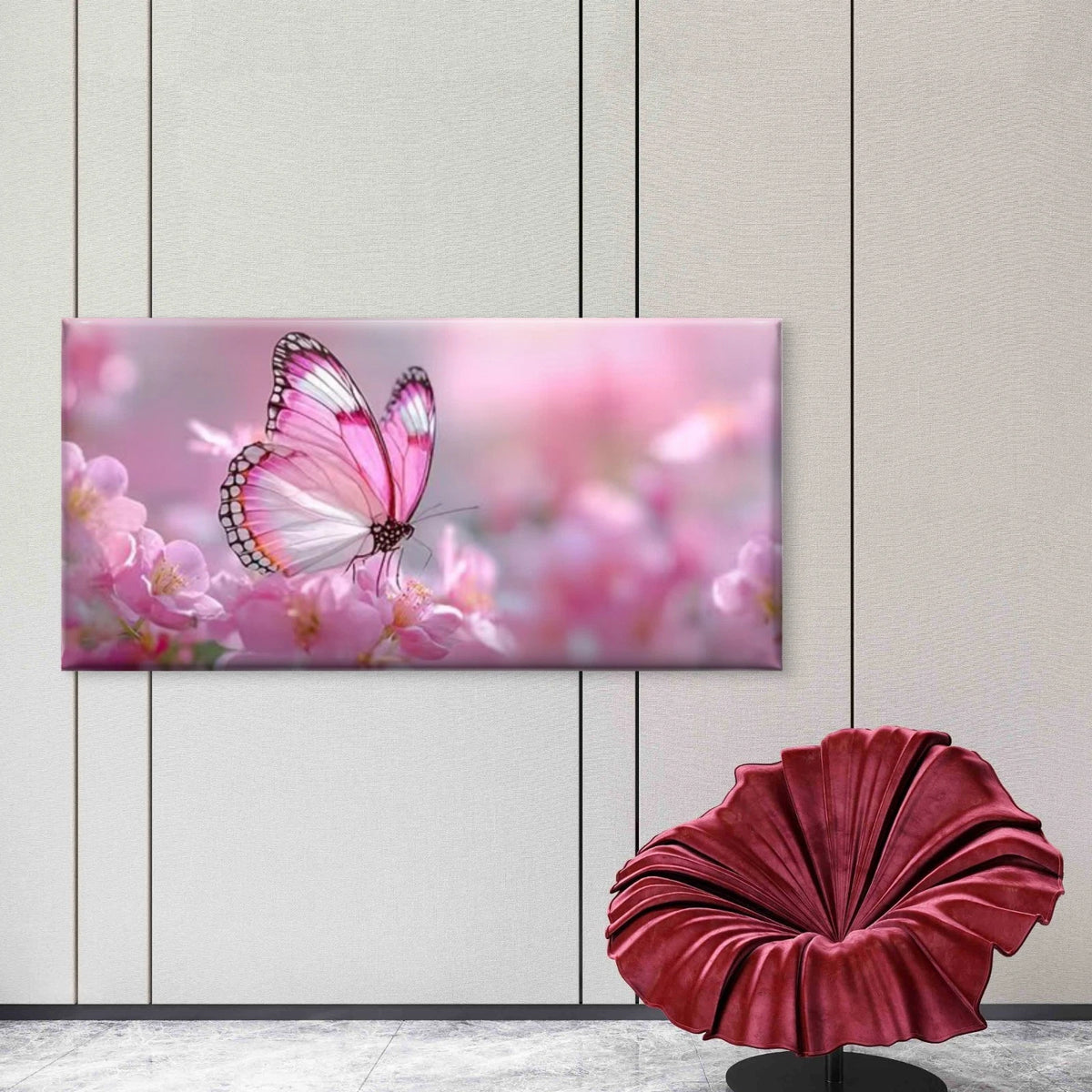 Soft Pink Butterfly & Cherry Wall Art Canvas Office Home Room Framed 120x60cm